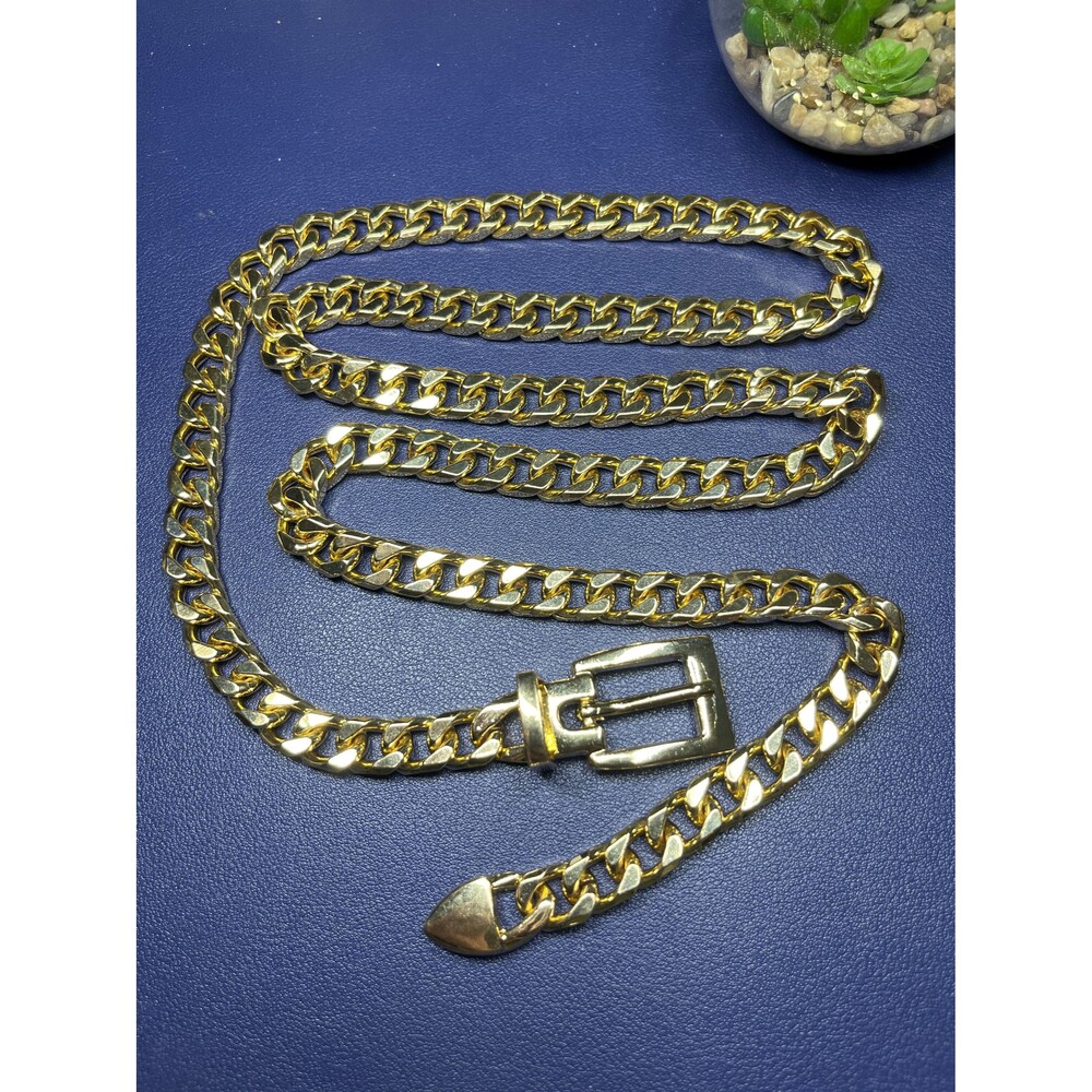 Vintage polished gold tone curb chain link buckle belt